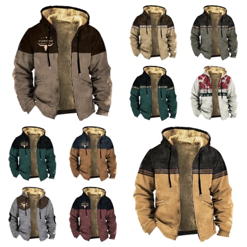 Western Cowboy Aztec Ethnic Winter Jackets for Men Vintage Graphic Sherpa Fleece Zip Up Heavy Warm Lined Coats4