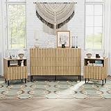 UEV Mid Century Modern Matching Dresser and Nightstand Sets for Bedroom,Two Drawers Nightstand Set of 2 & 6 Drawer Dresser Combo 3 Pieces(Natural Wood Color)