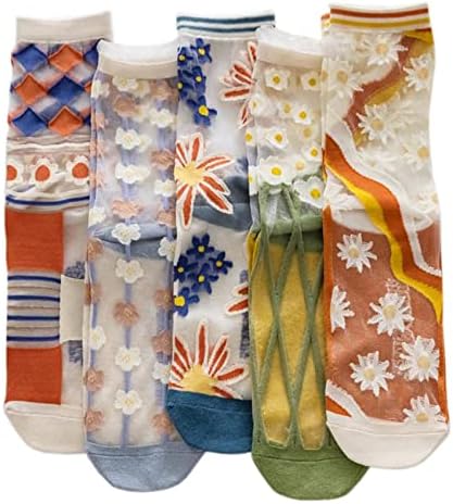 PoiLee Womens Sheer Socks Fashion Floral Summer Transparent Thin Mesh Lace Elastic Jacquard Crystal Glass Socks
