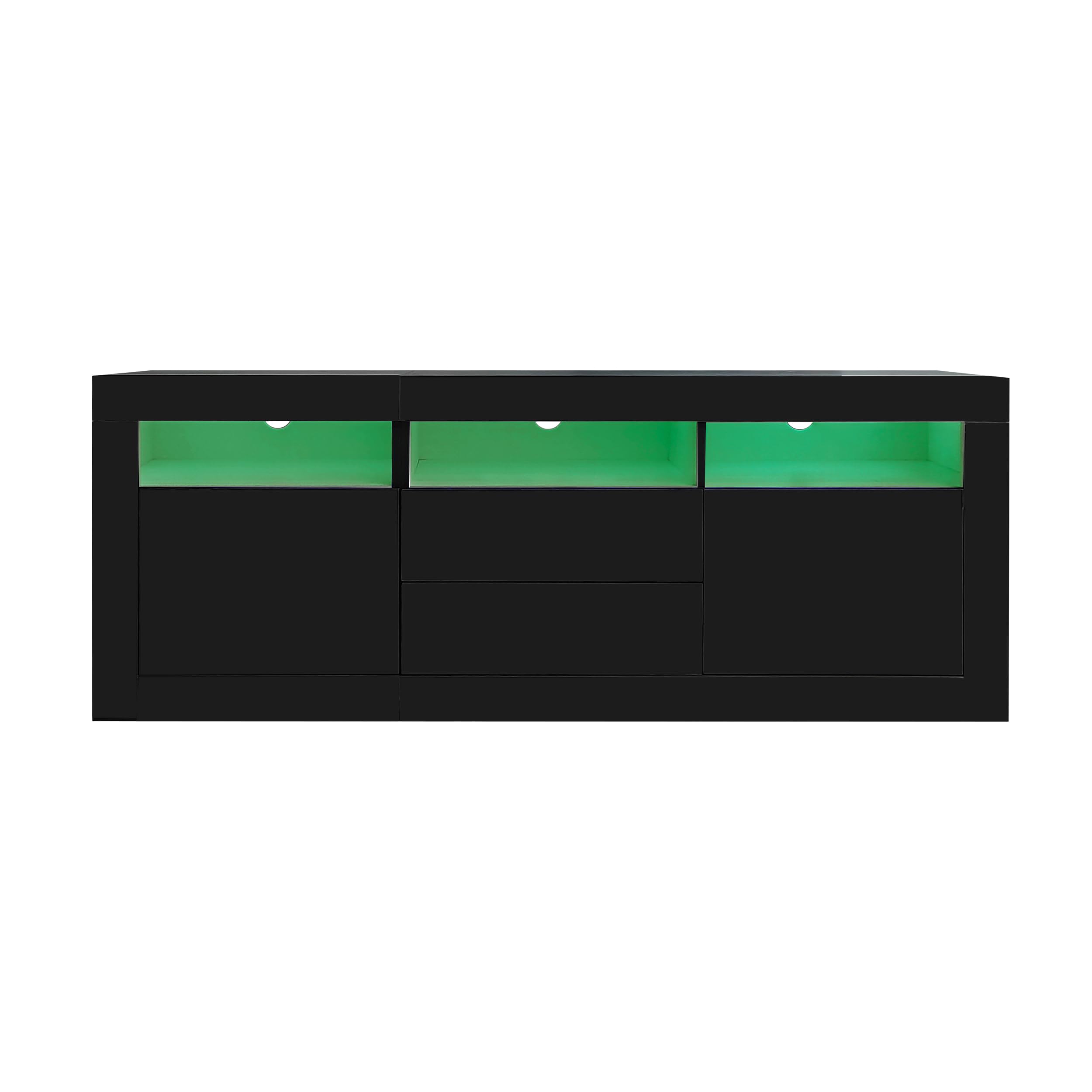 Murul, mobile porta TV con finitura lucida e illuminazione LED, 3 ripiani aperti, per televisori da 70 pollici, supporto TV lucido, 2 ante, 2 cassetti, controllo tramite app smart 160×35×60 cm (Nero)