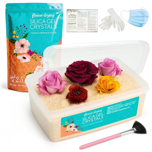 LotFancy 2.5 LBS Silica Gel Flower Drying Reusable Color Indicating Silica Crystals with Airtight Container and Brush DIY Wedding Bouquet Preservation Craft Kit