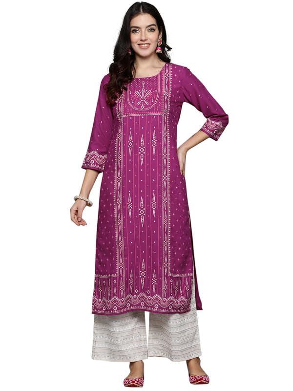 Image of INDO ERA Women Rayon Regular Burgundy Printed Straight Kurtas