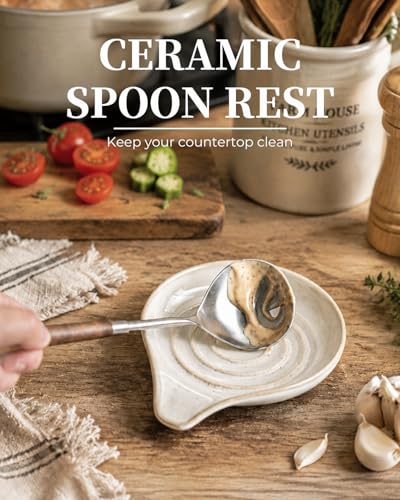 Image of LAUCHUH Spoon Rest, 5 inches Large Ceramic Spoon Rest for Stove Top Cooking Spoon Holder for Kitchen Counter Spatula Holder for Tongs, Ladle, Fork, Heat-Resistant, Beige with Speckled