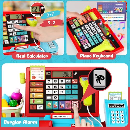 Image of Kids Cash Register with Scanner and Sound, Microphone, Shopping Basket, 52 Shop Accessories, Role-Play Toys for Children, Play Money, Children's Cash Register (Blue)
