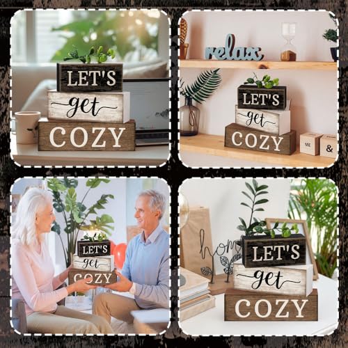 Image of Moucuny 4 Pcs Farmhouse Table Decor Inspirational Wooden Signs Rustic Eucalyptus Leaves Wooden Block Sign Gift Let's Get Cozy Farmhouse Table Centerpiece for Living Room Housewarming Gift