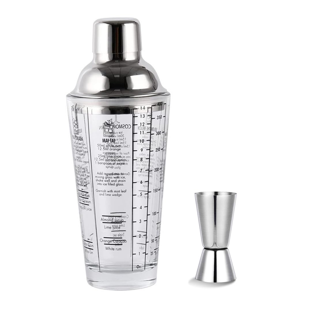 400ml Clear Glass Cocktail Shaker Cup With Measuring Jigger, Bartender Tools Kit, Drink Shaker with strainer for kitchens, bars, coffee shops, hotels, clubs