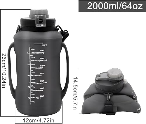 Miniatura 3 de Botella de agua plegable de 64 onzas con popote y marcador de tiempo motivacional, botella de silicona reutilizable de medio galón con cuerda de asa