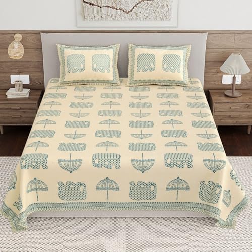Image of Living Roots Ethnic Jaipur Block Print Double Cotton Bedsheet & 2 Pillow Covers, for Mattress Upto 6 inches Thick, No Colour Bleeding, Blue Colour, King Size 90 * 108 inches, 120TC (601-C)