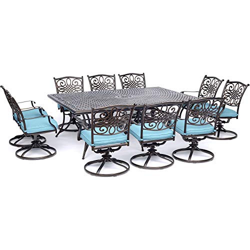 Hanover Traditions 11-Piece Modern Outdoor Dining Set with Rust Resistant Cast Aluminum Rectangular Large Dining Table and 10 Swivel Rocker Chairs with Plush Weather Resistant Blue Cushions