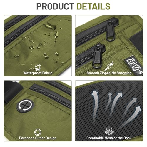 GlasFlength Flache Bauchtasche mit RFID Blocker, Diebstahlsicher Geldgürtel für Damen und Herren wasserdichte Tasche für Reisepass Diebstahlsichere Gürteltasche für Reise Sport (Olive)