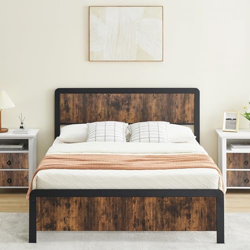 Garvee Queen Size Bed Frame with Wave Wood Headboard, Queen Platform Bed Frame with Safe Rounded Corners & Under Bed Storage, Strong Metal Slats Support, No Box Spring Needed, Rustic Brown -  tcqkw59cQXdggOBBV8_XbgLKO27