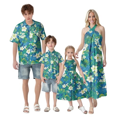 Family Matching Hawaiian Outfits, Dad and Son Beach Vacation Polo Button Down Shirts Mommy Daughter Dress