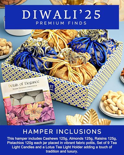 Image of HyperFoods Diwali Hamper Gifts DryFruit Combo Pack Rawfruit's Handcrafted Potli Blue Dry Fruits Pack of 4 Almond Cashew Raisins Pistachios 495 Gr Diwali Gifts for Family and Friends DryFruit Gift Box