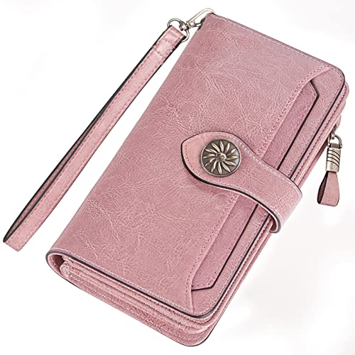 Travelambo Womens Wallet Large Capacity Rfid Blocking Genuine Leather Wristlet Wallets(Pink) #TOP4