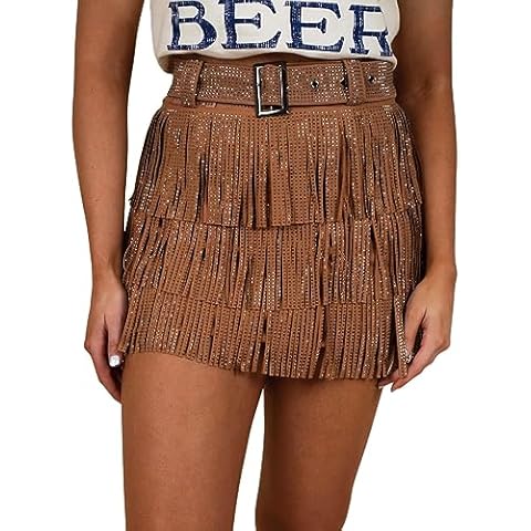 happlan Women's Rhinestone Fringe Mini Skirt with Belt(0486-CamelBrown-L) Cover