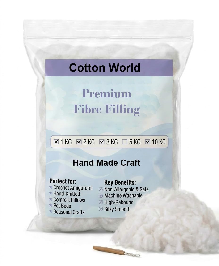 COTTON-WORLD 100% Virgin Polyester Stuffing for Crafts, Soft High Grade Multipurpose Filling For Pillows, Cushions and Teddy bears - Anti-allergic White Stuffing - Washable (2 KG)