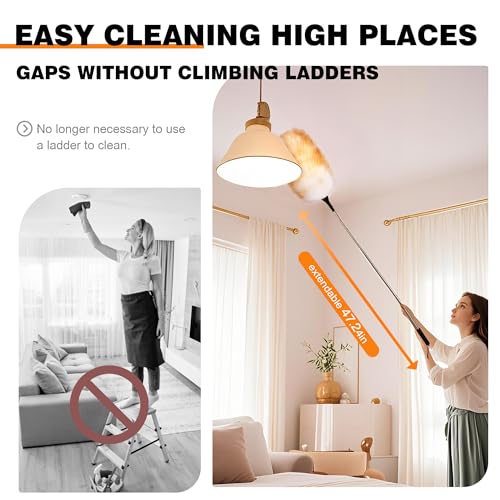 Image of Lambswool Feather Duster with Extension Pole up to 57.5inch,Extendable Feather Duster Used for Cleaning High Ceiling Fan, High Ceilings,Furniture,Hard to Reach Areas