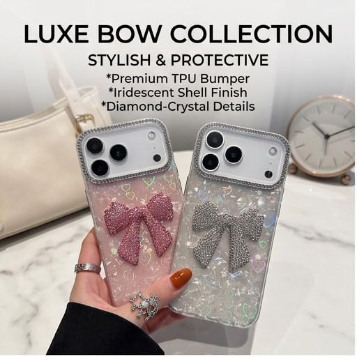 Image of mobistyle Compatible with iPhone 17 Pro Max | Rhinestone Bow Elegant Heart Shell Pattern and Camera Lens Protection Back Cover Case for Women Girls iPhone 17 Pro Max (White)
