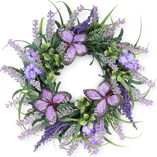 COLORSPEC Lavender Wreaths for Front Door 15 inch Spring Summer Artificial Wreath with Purple Butterflies and Greenery All Season Wreath Decoration for Home Wall Window Farmhouse Indoor Outdoor
