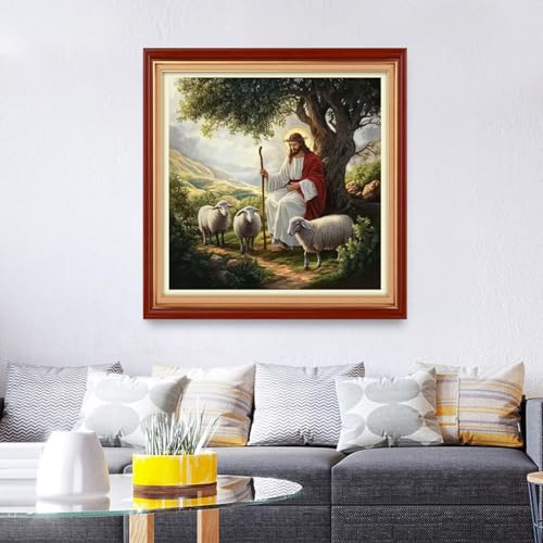 Image of Foxhool Stamped Cross Stitch Kits,11CT Printed Cross Stitch Pattern Full Embroidery Kits for Beginner Needlepoint Kits&Jesus Shepherd 18x18 inch