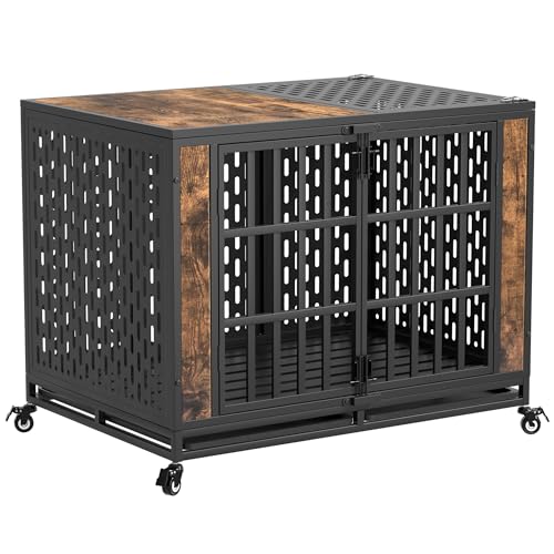 Huddycove 42inch Heavy Duty Dog Crate, Escape Proof Large Medium Kennel for High Anxiety Dogs, Indestructible Pet Cage Indoor, Rustic Brown