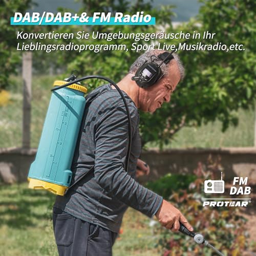 PROTEAR Gehörschutz mit Bluetooth 5.3 DAB+/FM Radio Ohrenschützer, mit wiederaufladbarer Lithium-Batterie der großen Kapazität, für Werkstatt, Garten, Mähen, Sägen, Bau, Traktor Fahren, SNR 30dB