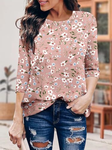 KISSMODA Tunic Tops for Women Loose Fit Dressy Round Neck Pleated 3/4 Length Sleeve Spring Tops
