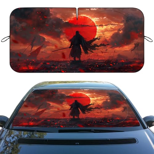 Samurai Car Windshield Sunshades Lone Swordsman Battle Sunset Red Sky Front Window Sun Shade Rays Sun Shade Visor Protector for Car Sedan Truck SUV Accessories 59 L x 31.5 W