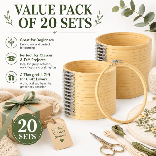 Image of EATHEATY 20 Sets 6 Inch Embroidery Hoop, Adjustable Bamboo Circle Cross Stitch Hoop Ring Bulk, Bamboo Wooden Hoops for Art Craft Sewing, Christmas Decoration