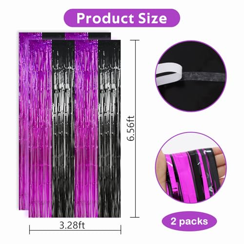 Image of TONIFUL Black Hot Pink Door Streamers,Black and Pink Photo Booth Backdrop Metallic Streamers Foil Fringe Curtain for Birthday,New Year,Graduation,Grad,Baby Shower Party Streamers Decoration