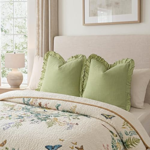 Image of Foindtower Set of 2 Decorative Linen Fringe Ruffle Throw Pillow Covers Soft Boho Farmhouse Cushion Cover Cozy Accent Retro Pillowcase for Couch Sofa Bed Living Room Home Decor,22x22 Inch,Light Green