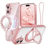Meifigno マグネット式ケース 取り外し可能なスマホリングスタンド付き iPhone 17 6.3インチ用 [グリッターカード&リストストラップ] [MagSafe対応] [ミラー内蔵] マグネット式スマホリングホルダー + ケースキット、ローズゴールド