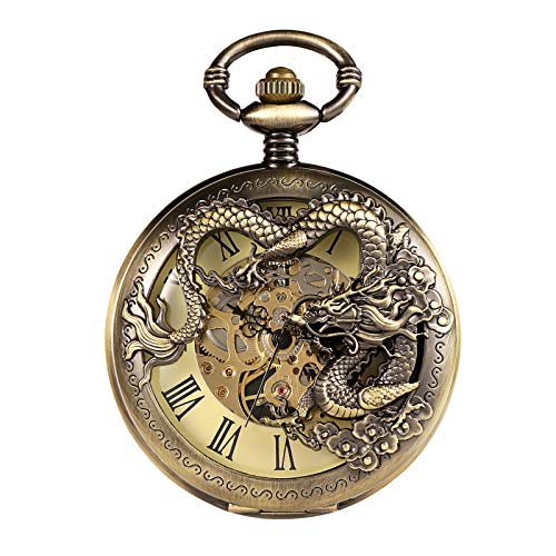 Image of TREEWETO Mens Antique Skeleton Mechanical Bronze Pocket Watch Dragon Hollow Hunter with Chain and Box