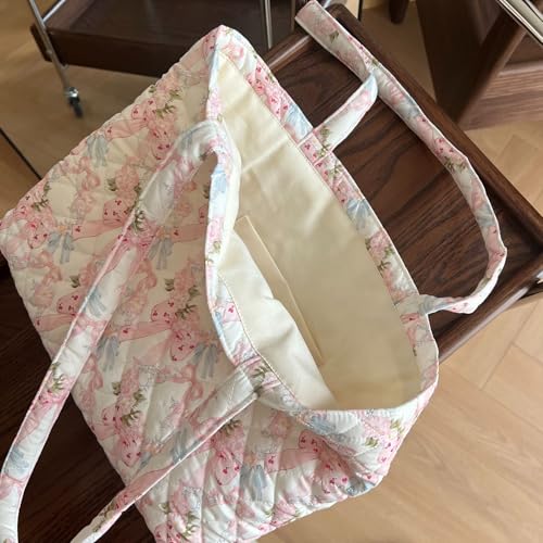 Image of Floral Quilted Cotton Shoulder Bag for Women Medium Size Handbag Large Capacity Thickened Design Tote
