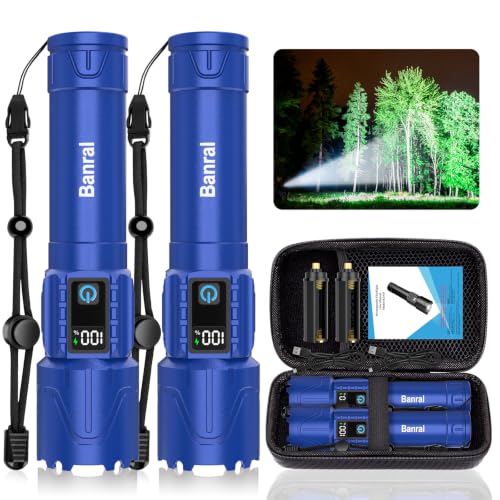 Image of Rechargeable Tactical Flashlights 2000 High Lumens - 5000mAh Super Bright LED Powerful Flash Light, Waterproof Handheld USB C Flashlight for Home,Car,Camping,Emergencies,5 Modes,Zoomable (2, Blue)