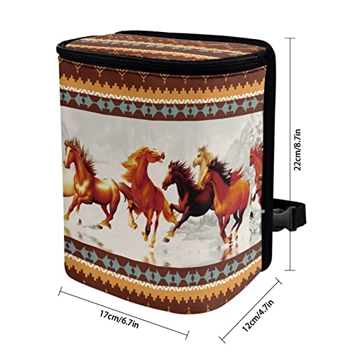 Image of Talayituse Aztec Horse Print Car Trash Can with Adjustable Straps, Southwest American Tribal Car Trash Bag Bin Car Garbage Bag Multipurpose Storage Box for Vehicle Travel Camping Picnicing