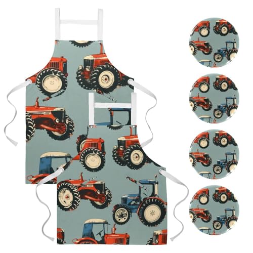 Tablier de serveuse pour restaurant et bar avec poches et broches motif tracteur agricole