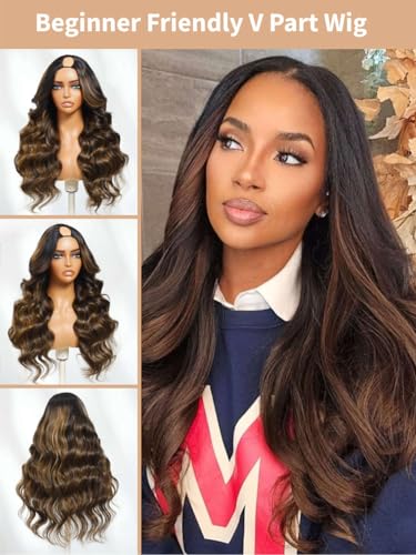 Image of Beauty Forever V Part Wig Human Hair Balayage Brown Highlight Loose Wave Face Framing EasiContour Vpart Wigs Magic Leave Out Upgrade U Part Human Hair Ready to Go Drawstring Wig 150% Density 20inch