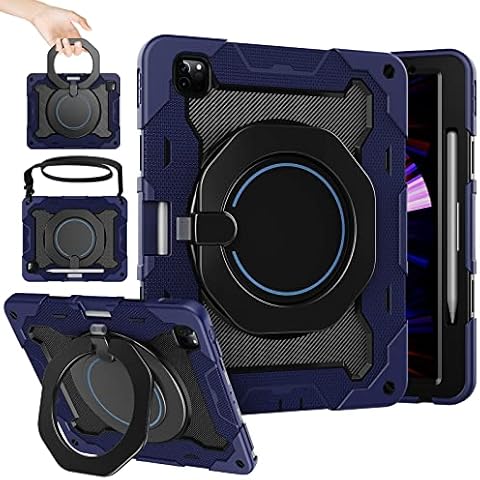ROISKIN For iPad Pro 12.9 Case (2021/2020/2018,5th/4th/3rd Generation) with Screen Protector,Military Full Body Protective with Rotating Stand/Shoulder Strap/Pencil Holder For iPad 12.9 inch Case,Blue Cover