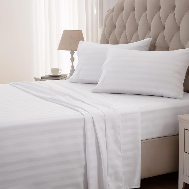 Image of Double Size Fitted Sheet- Egyptian Cotton 500 Thread Count Hotel Luxury 1 Piece Double Fitted Bedsheet- Fit Mattress Up to 12 inch- Extra Soft, Wrinkle Free White Striped