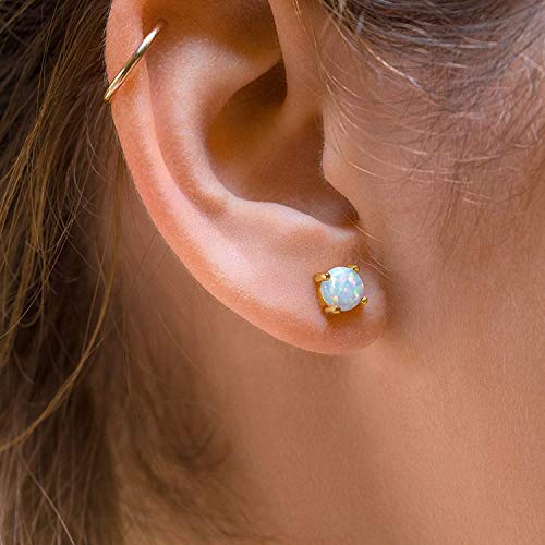 14K Yellow Gold Filled Sterling Silver 3/4/5/6MM Fire Opal Gemstone Stud Earring for Women Men, Color White - Blue - Pink - Green - Black3