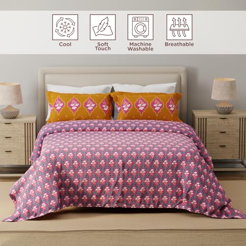 Image of Layers 100% Cotton for Double Size Bed | 120 TC Floral, Soft, Breathable, Machine Washable Bedsheet with 2 Pillow Covers | Forever Collection (224 x 254 cm) - Blue & Pink