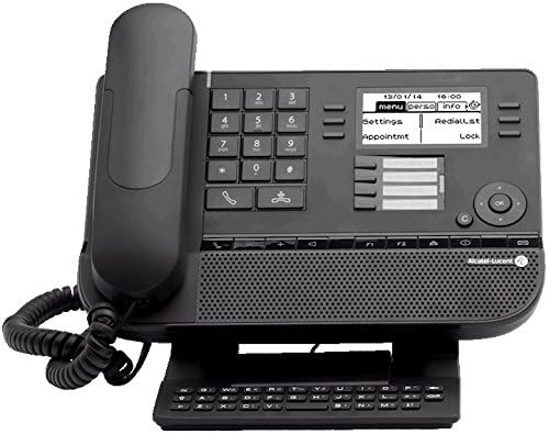 Alcatel-Lucent 8029 Premium IP DeskPhone, front view with display showing menu options and a physical alphanumeric keyboard attached.