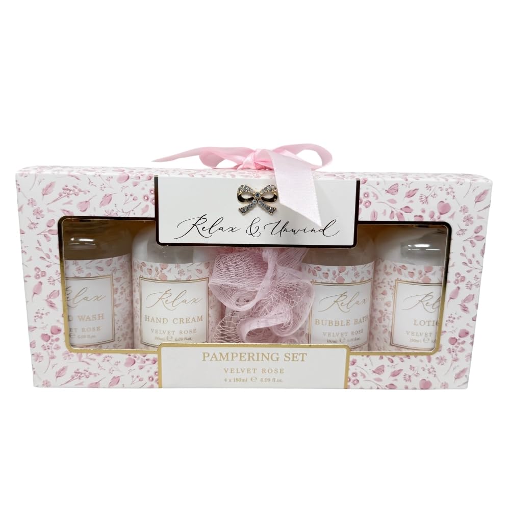 Relax & Unwind Velvet Rose Spa Gift Set, 3 Pamper Styles, Bath & Body Gift Set including Shower Gel, Lotion