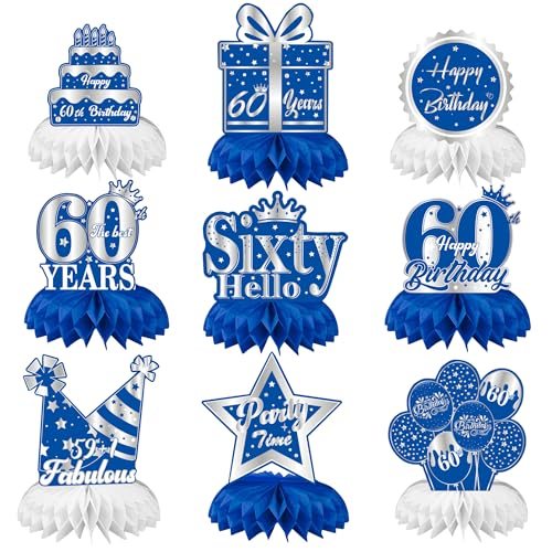 Auliuse Blue Silver 60th Birthday Honeycomb Centerpieces Party Decorations, 9Pcs 60th Birthday Table Toppers Party Decoration Supplies for Men Women Birthday - Cheer to 60 Years Old Birthday (60th)