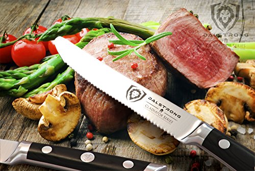 DALSTRONG Steak Knives - Set of 4 - Gladiator Series - Forged German ThyssenKrupp HC Steel w/Sheaths (5" Serrated-Edge Blade, Black G10 Garolite Handle)