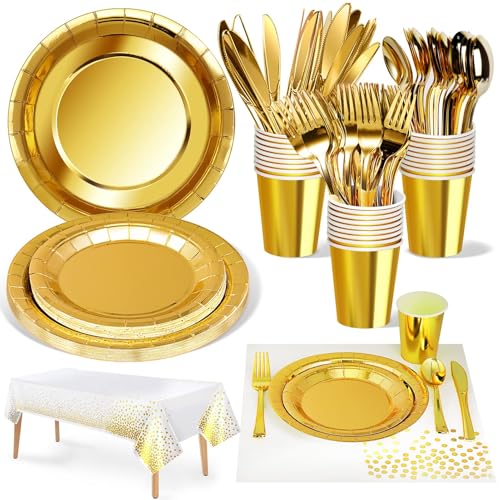 Nkaiso Paper Plates Napkins Cups Set, 141 Pieces Gold Kids Birthd...