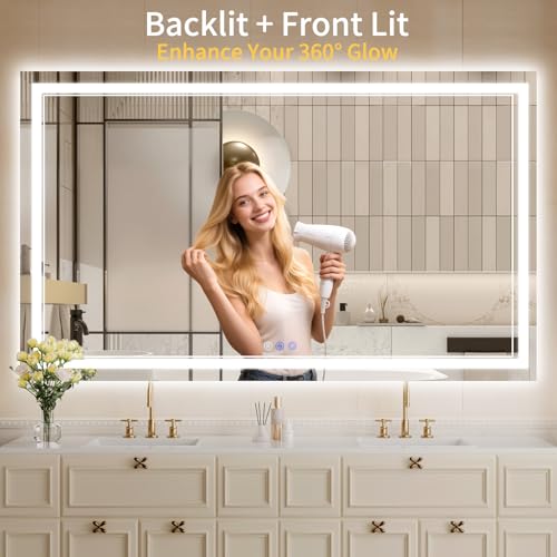 Image of 40 inchx60 inch LED Bathroom Mirror with Lights, Anti-Fog, Backlit + Front Lit, Dimmable, Led Vanity Mirror for Wall, Lighted Bathroom Mirror, 5 Colors, Shatter-Proof Tempered Glass