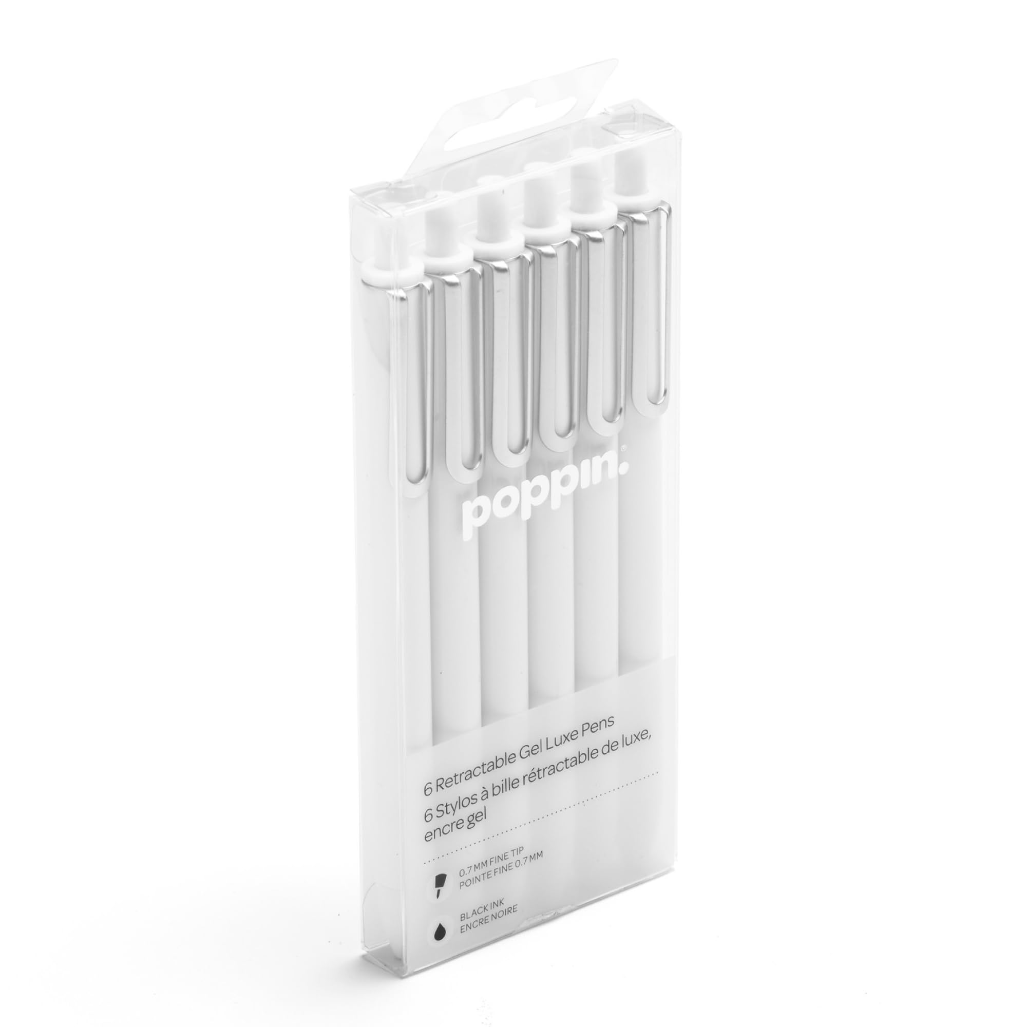 Poppin Retractable Gel Luxe Pens, White, Package Of 6, Black Ink