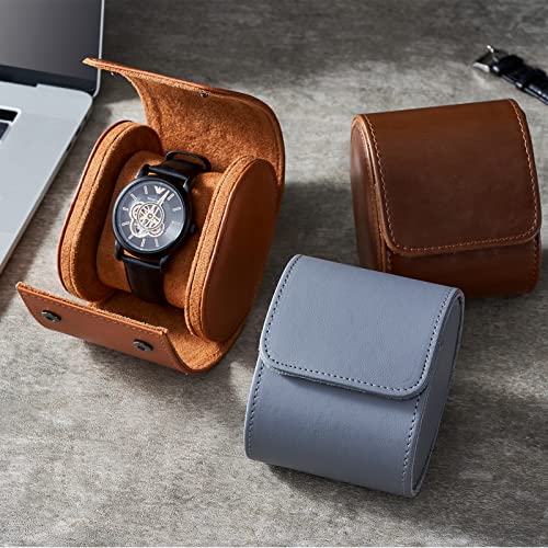 Image of Mr.Okay 1 Watch Case for Women or Men- Premium Leather Watch Travel Case (with Luxurious Flannel,Snap Button or Zipper),Portable Watch Organizer For Storage and Display. Watch Roll Travel Case with Stylish and Perfect Texture, Purely Handmade by Craftsmen Who Pursue the Ultimate. (Grey, Roll Single)